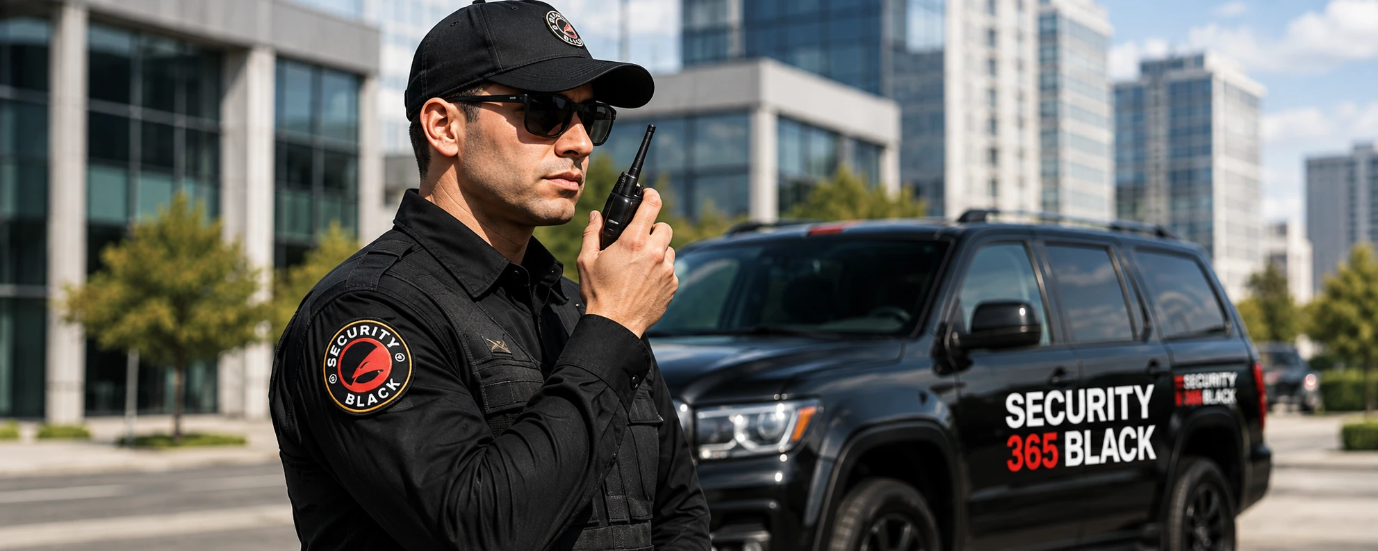 Agente de seguridad con radio junto a un vehículo de Security 365 Black