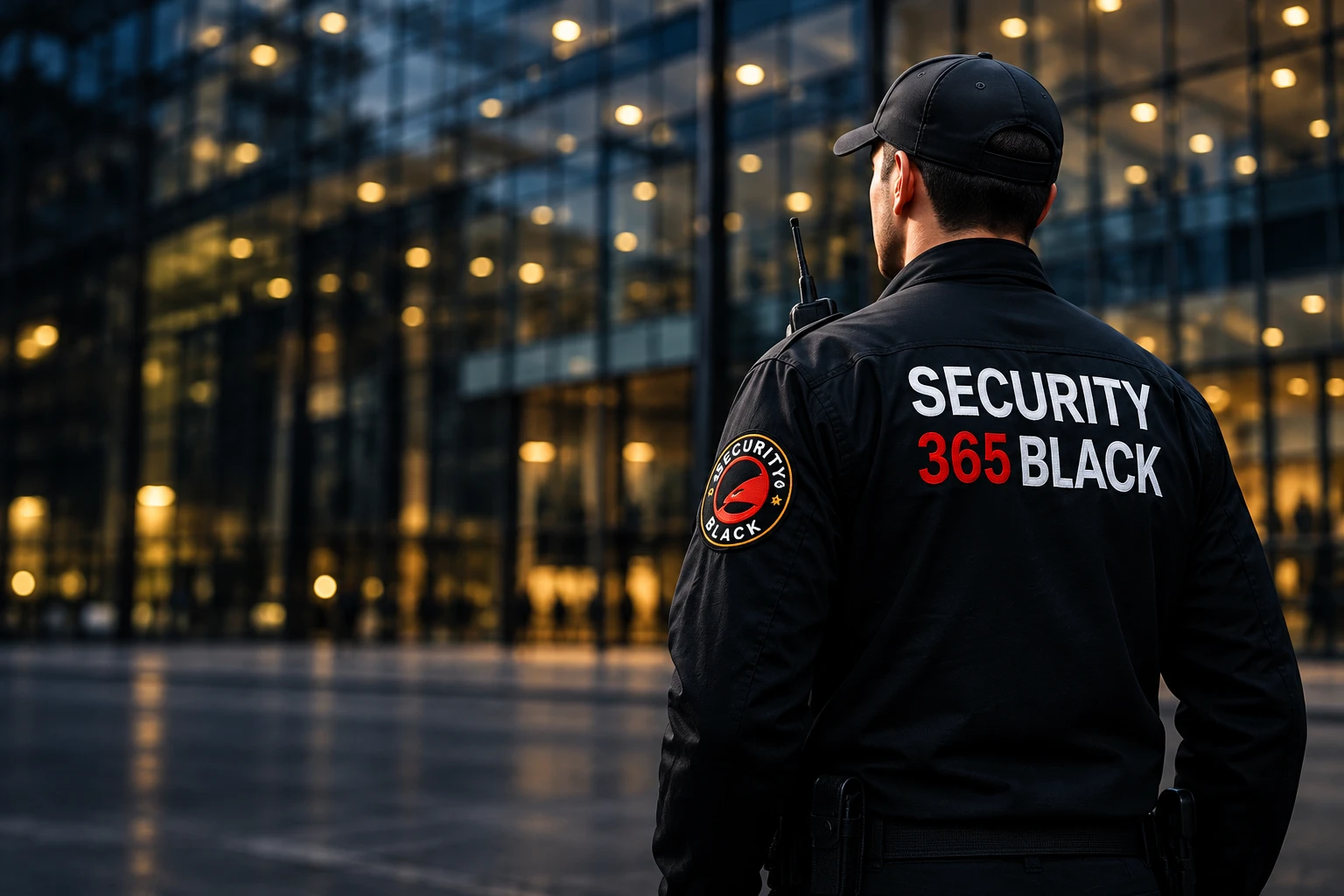 Agente de Security 365 Black vigilando un edificio corporativo de noche