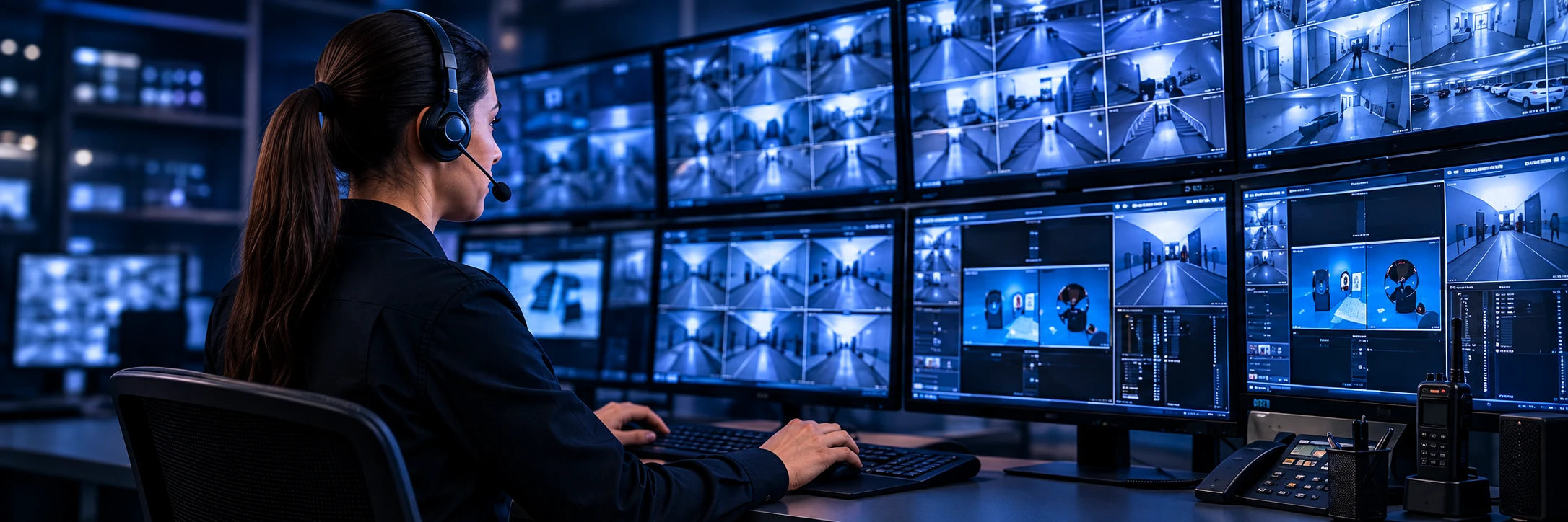 Operadora de seguridad supervisando cámaras en una sala de monitoreo