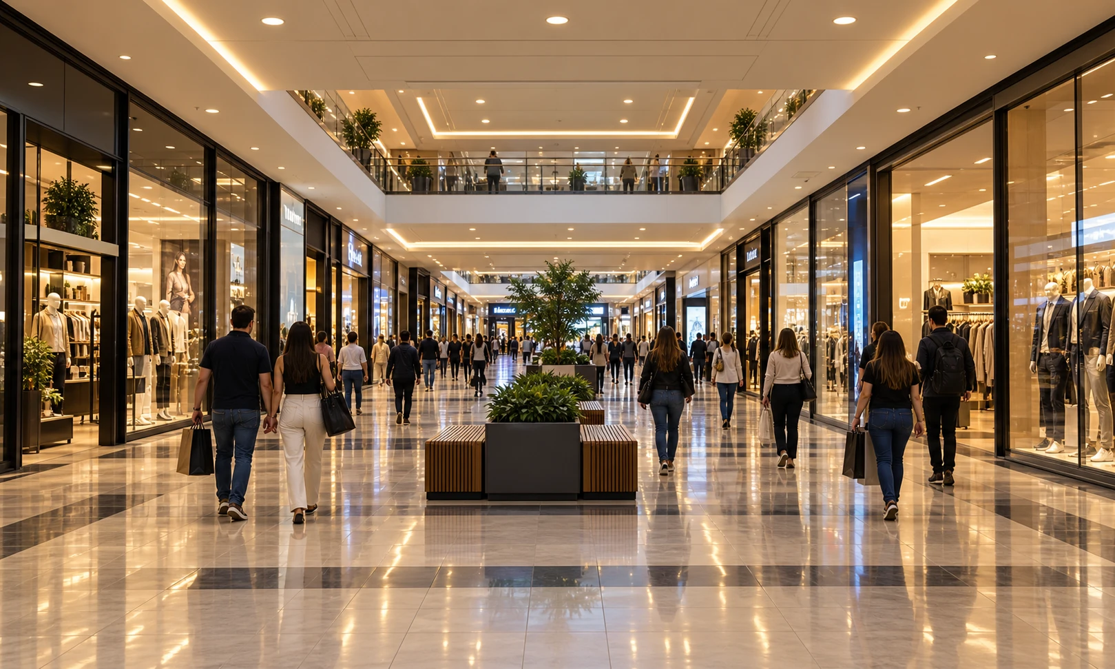 Interior de un centro comercial con tiendas y visitantes