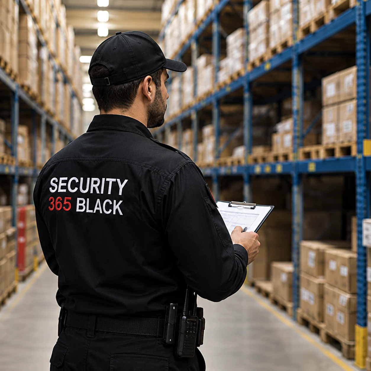 Agente verificando bienes en un almacén industrial