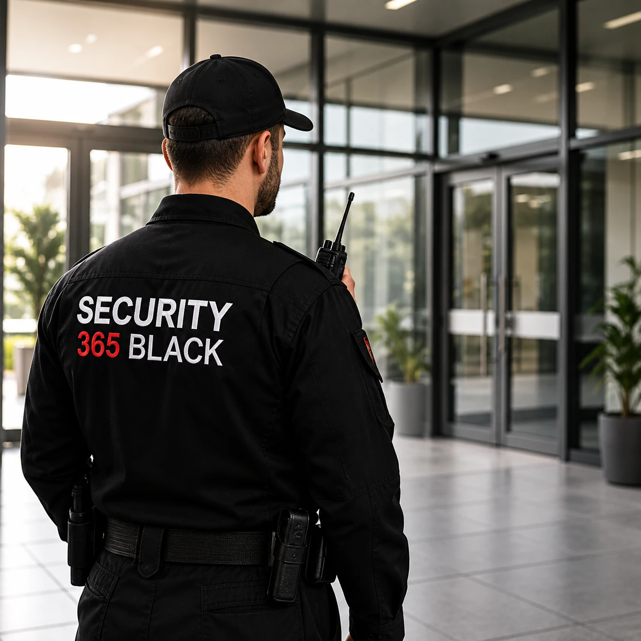 Agente uniformado supervisando el acceso a un edificio
